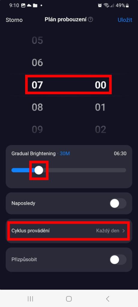 Aplikace Tuya Smart nastavení režimu probouzení světlem na chytré žárovce Oranžovce