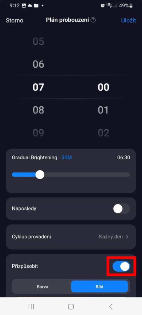 Aplikace Tuya Smart nastavení režimu probouzení světlem na chytré žárovce Oranžovce