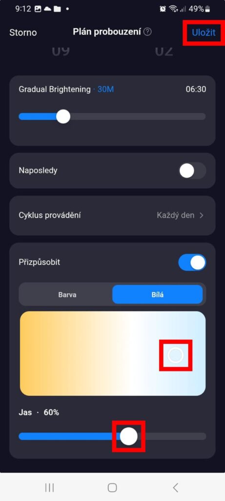 Aplikace Tuya Smart nastavení režimu probouzení světlem na chytré žárovce Oranžovce