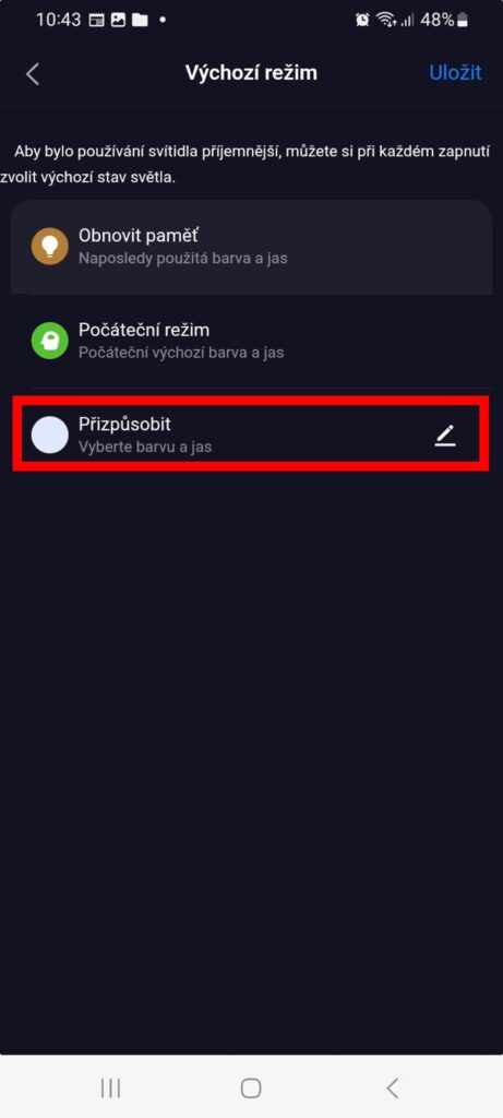 Aplikace Tuya Smart nastavení výchozího režimu na chytré Oranžovce