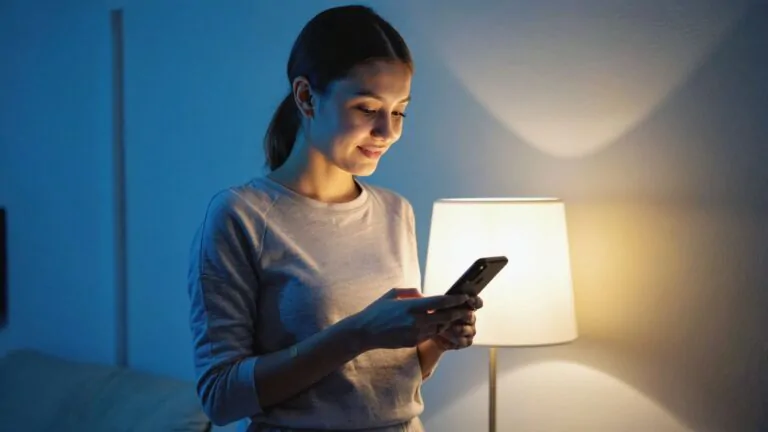 Žena na mobilu v aplikaci nastavuje režim probouzení světlem