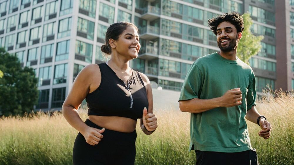 Muž a žena běží venku a smějí se