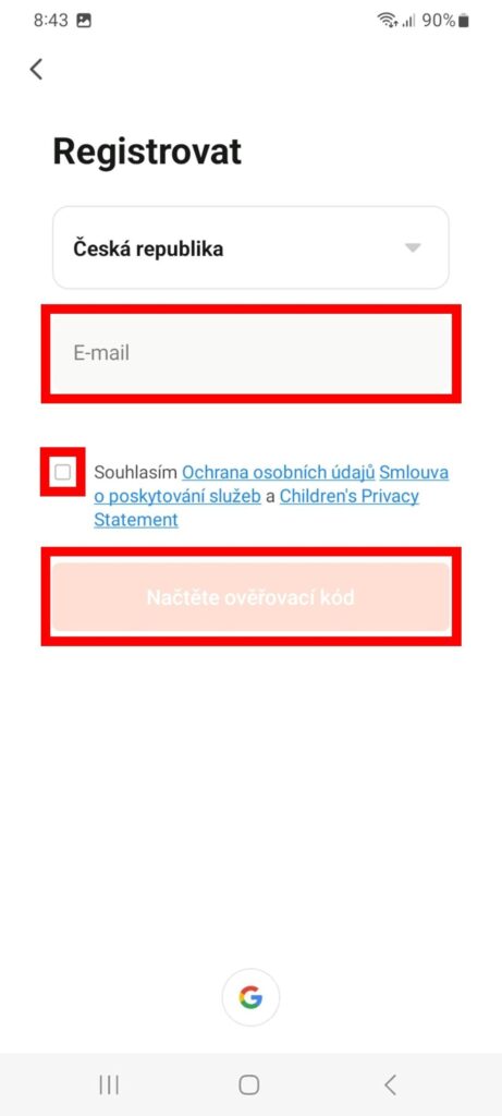 Nastavení e-mailu při registraci v mobilní aplikaci Tuya Smart