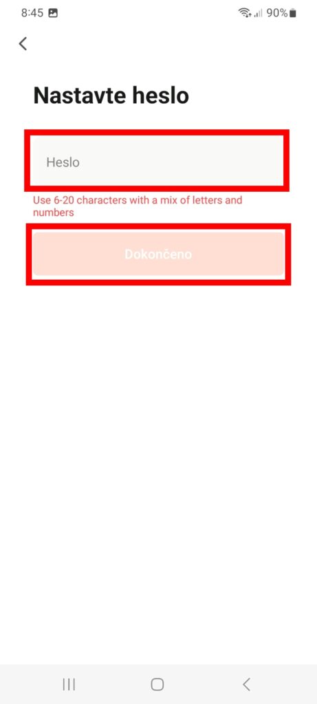 Vložení e-mailu při registraci v aplikaci Tuya Smart