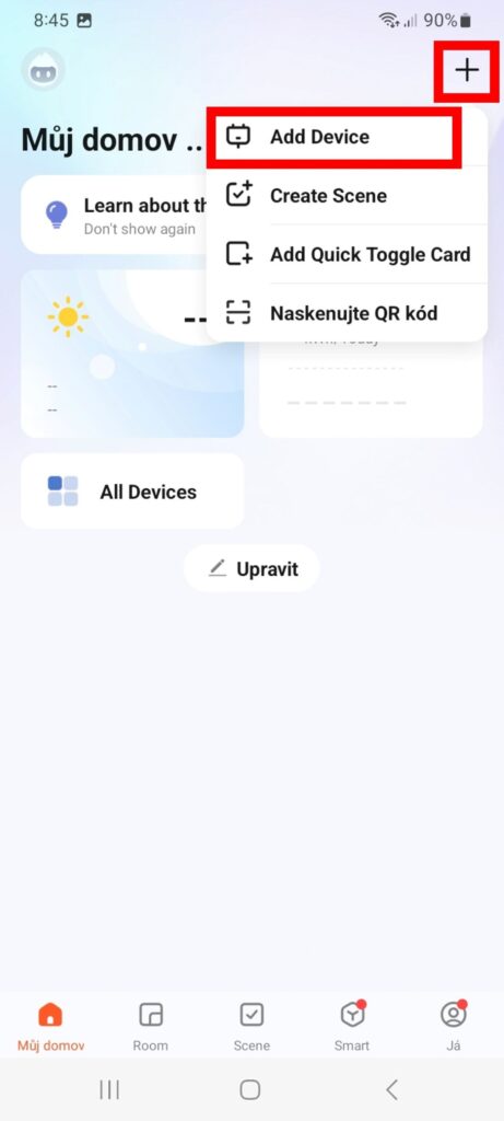 Přidání nového zařízení v aplikaci Tuya Smart
