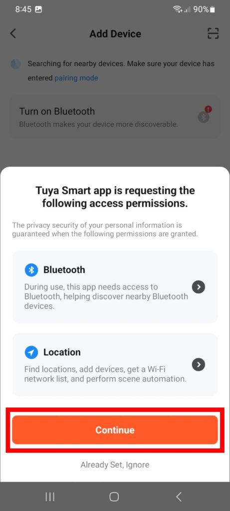 Povolení Bluetooth a Lokace v aplikaci Tuya Smart