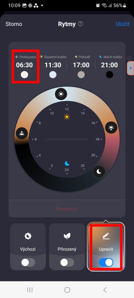 Aplikace Tuya Smart nastavení denního rytmu.