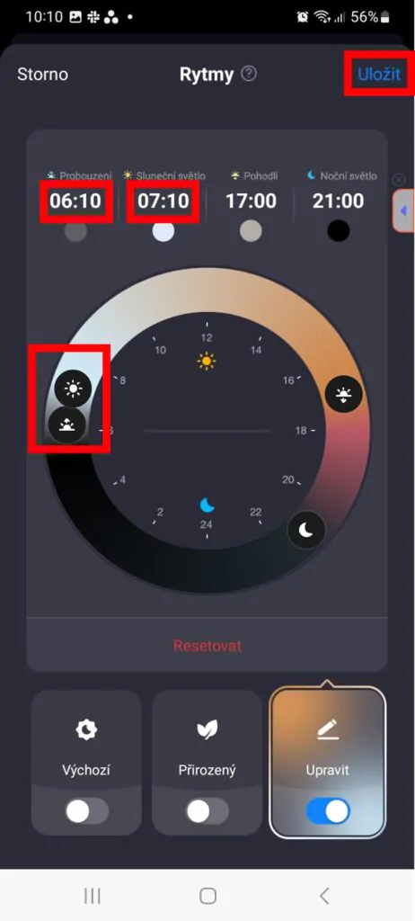 Aplikace Tuya Smart nastavení denního rytmu.