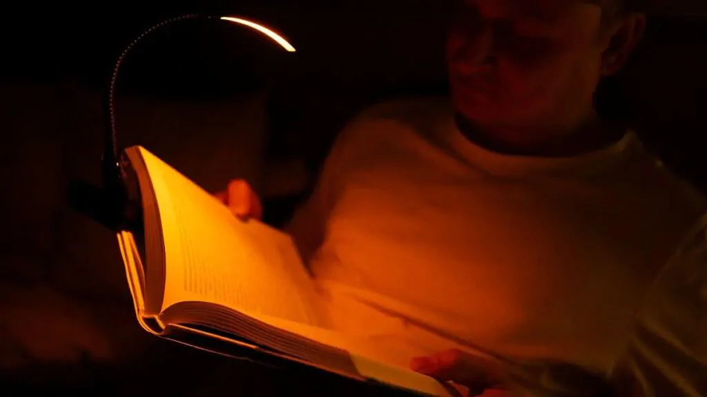Večerní čtení knížky s LED lampičkou na čtení ROanžovka